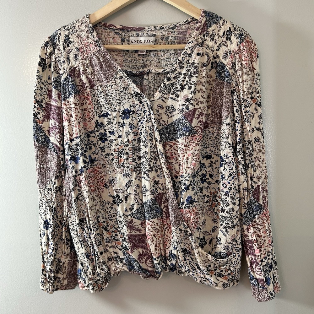 Knox Rose Women's Wrap Blouse Size L Cottagecore Floral Garden Boho Chic